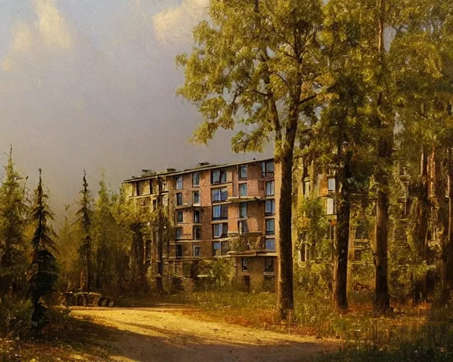 Image similar to beautiful matte painting of cute soviet block of flats in forest by ivan shishkin, bokeh