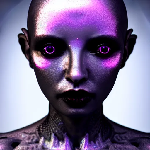 Image similar to a beautiful feminine alien with thick black sludge seeping from her eyes, screaming while being consumed by darkness, iridescent eyes, dreamlike, intricate detail, 3d render, octane render, sigma 85mm f/1.4, 4k, hd