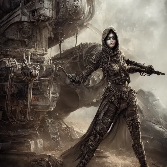 Image similar to beautiful apocalyptic woman in hooded cloak, standing on mad max panzer tank, hyper-detailed, smooth, sharp focus, 4k ultra hd, fantasy dark art, tank girl, artgerm, artstation, octane render, elegant, detailed digital painting, apocalyptic art