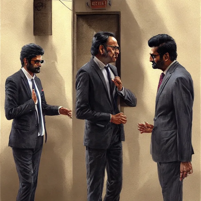 Prompt: portrait of tall indian man in a suit arguing with danny devito outside a bar, elegant, real life skin, intricate artwork, high detailed, artstation, concept art, smooth, sharp focus, art by artgerm and greg rutkowski