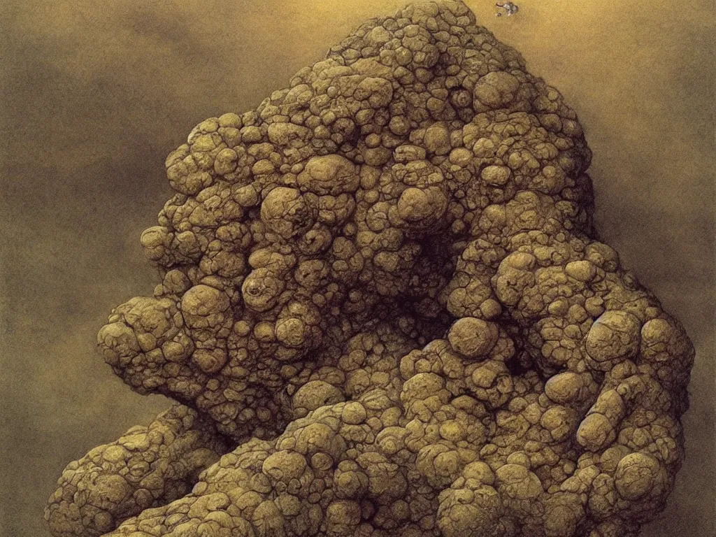 Prompt: Blazing primitive, thick-furred, bearded, evil man with giant reptilian plants on Jupiter a million years ago. Giant wind sculpted marbled boulders, menhirs, fog, spores. Artwork by Beksiński, Lucas Cranach, Moebius