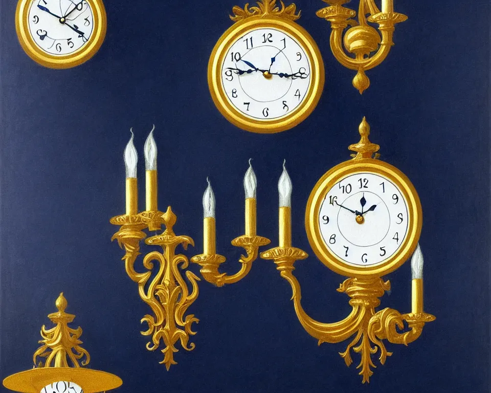 Prompt: an achingly beautiful print of ornate gold clocks and Tiffany sconces on a navy blue wall by Raphael, Hopper, and Rene Magritte. detailed, romantic, enchanting, trending on artstation.