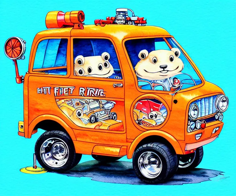 Image similar to cute and funny, beaver driving a tiny hot rod fire truck with an oversized engine, ratfink style by ed roth, centered award winning watercolor pen illustration, isometric illustration by chihiro iwasaki, edited by craola, tiny details by artgerm and watercolor girl, symmetrically isometrically centered