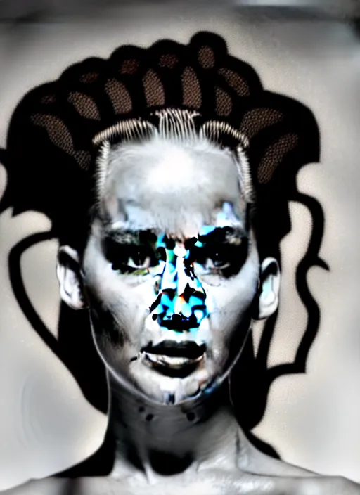 Image similar to award winning fashion photography portrait of jennifer lawrence as the bride of frankenstein, very pretty eyes, face in focus, soft lighting, volumetric shadows, 8 k photography, 1 9 9 0's