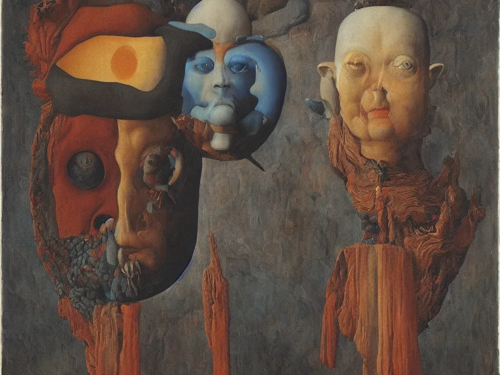 Image similar to Portrait of albino mystic with blue eyes, with totemic archaic mask made from hard lava stone. Painting by Jan van Eyck, Audubon, Rene Magritte, Agnes Pelton, Max Ernst, Walton Ford