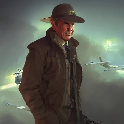 Image similar to Young Harrison Ford as a pilot, dramatic lighting, highly detailed, digital painting, artstation, concept art, smooth, sharp focus, illustration, warm light, cozy warm tint, magic the gathering artwork, volumetric lighting, 8k, art by Akihiko Yoshida and Greg Rutkowski