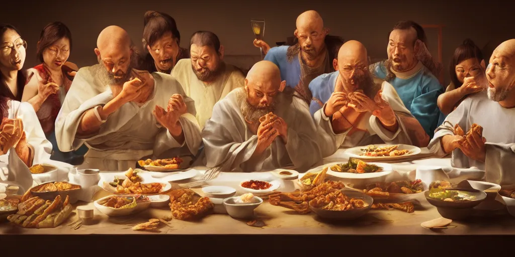 Prompt: hyper realistic photo of the last supper, chinese buffet, octane render