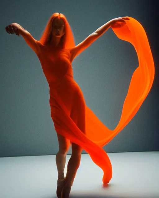 Image similar to expressively dancing on a bold James Turrell lit stage, a beguiling modern dancer dynamic Pantene gorgeous long luxurious hair flowing and flipping, high fashion photograph, isolated on vivid orangered, By Steven Meisel, by WLOP