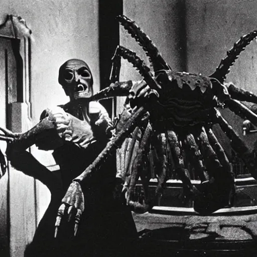 Image similar to vintage universal monster movie, the giant humanoid crab monster attacks a screaming woman inside a spooky gothic mansion