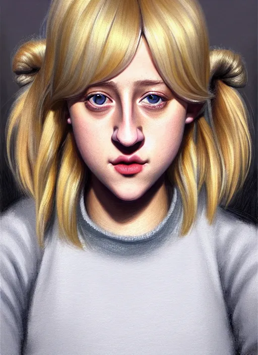 Prompt: full body portrait, teenage lili reinhart, blonde hair, obese, bangs, ponytail, sultry, realistic, sweater, fluffy bangs, fully clothed, curly bangs, fat, belly, intricate, elegant, highly detailed, digital painting, artstation, concept art, smooth, sharp focus, illustration, art by wlop, mars ravelo and greg rutkowski