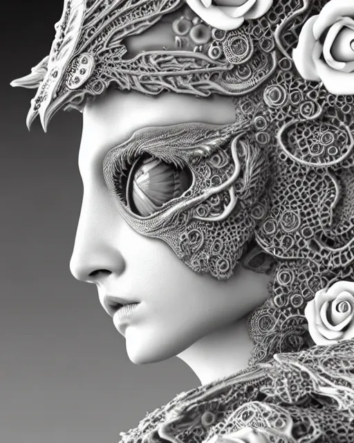 Image similar to bw dreamy close - up profile face, beautiful young porcelain intricate steampunk bio - mechanical vegetal - dragon - cyborg - female, white roses ornate metallic armour, white fluffy feathers, fine mandelbrot fractal lace, 1 5 0 mm, soft rim light, elegant, hyper real, ultra detailed, octane render, hg giger, 1 6 k