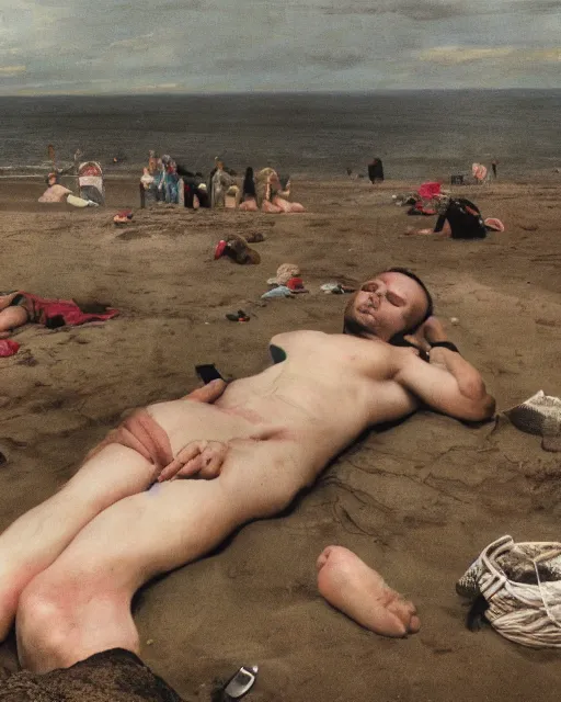 Image similar to photos of a gigantic, thousand foot long, man lying unconscious on a beach surrounded by thousands of tiny onlookers. he is wearing clothes from the 1 7 th century. cinematic and atmospheric