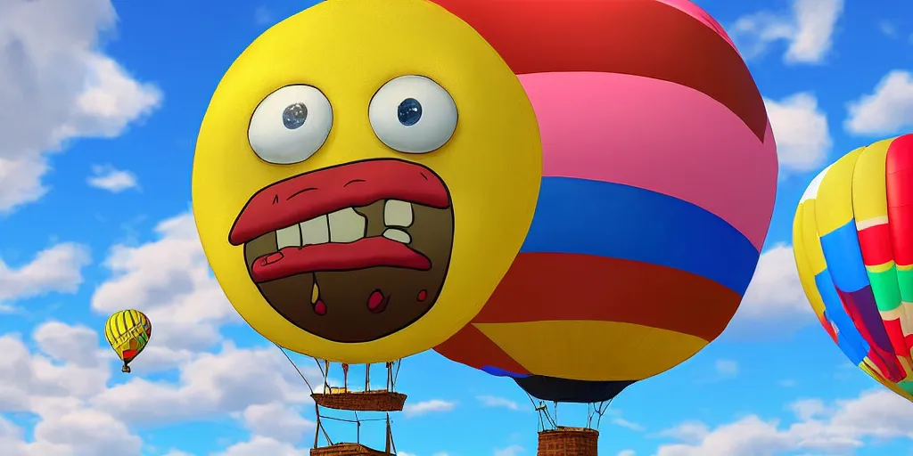 Prompt: a surreal painting of a hot air balloon made from an inflated SpongeBob SquarePants | unreal engine: .4