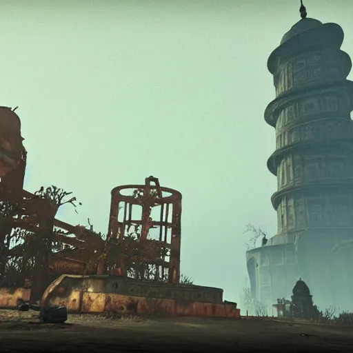 Image similar to taj mahal in ruins post - nuclear war in fallout 4, in game screenshot