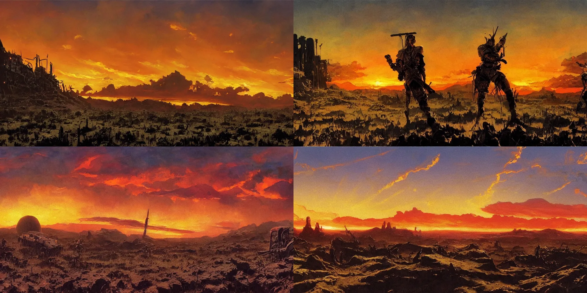 Prompt: very textured post apocalyptic panoramic cinemascope background , sunset, dramatic sky , backlight , oil painting art by frazetta