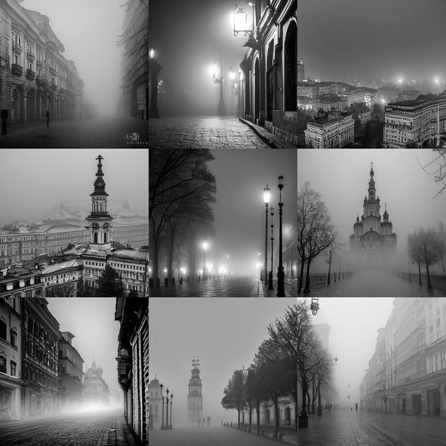 Prompt: dramatic old kyiv city in fog 8k, smooth, black and white