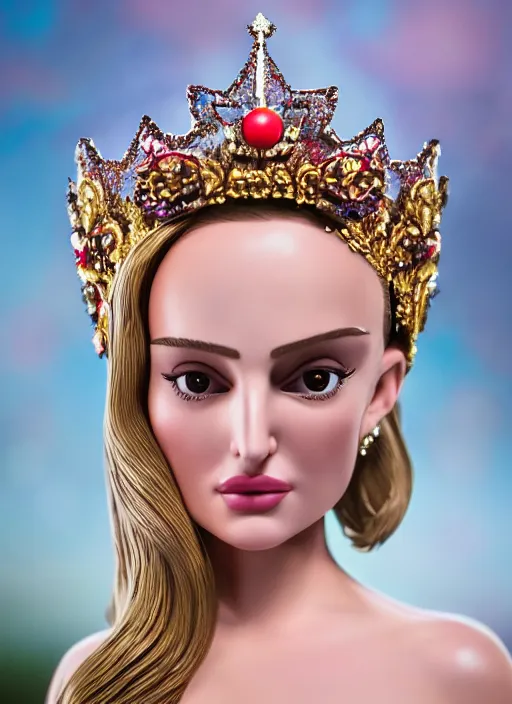 Image similar to closeup face profile portrait of tin toy natalie portman as a blonde fairytale princess wearing a crown eating cakes, bikini, depth of field, zeiss lens, detailed, symmetrical, centered, fashion photoshoot, by nicoletta ceccoli, mark ryden, lostfish, breathtaking, 8 k resolution, extremely detailed, beautiful, establishing shot, artistic, hyperrealistic, octane render