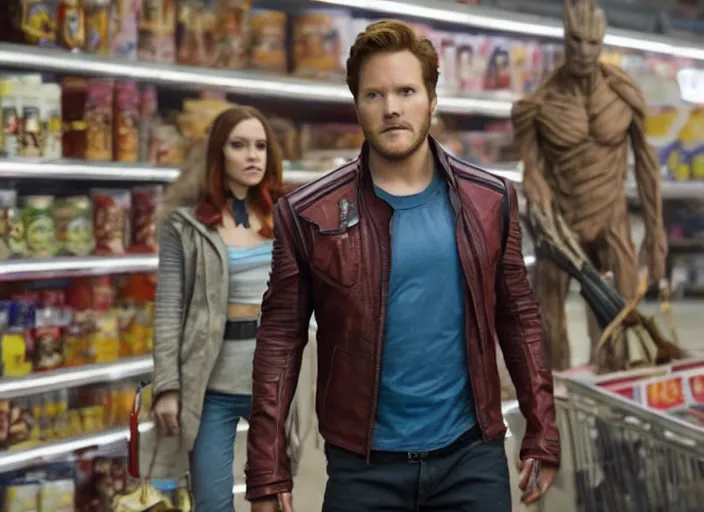 Image similar to film still of Star-Lord shopping in a supermarket in the new Guardians of the Galaxy movie, 4k