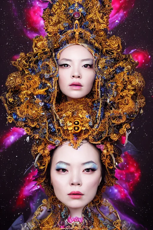 Prompt: a beautiful empress portrait, singular subject, with a brilliant, impossible striking big cosmic galaxy headpiece, clothes entirely made out of cosmos chaos energy, symmetrical, dramatic studio lighting, rococo, baroque, jewels, asian, hyperrealism, closeup, D&D, fantasy, intricate, elegant, highly detailed, digital painting, artstation, octane render, 8k, concept art, matte, sharp focus, illustration, art by Artgerm and Greg Rutkowski and Alphonse Mucha