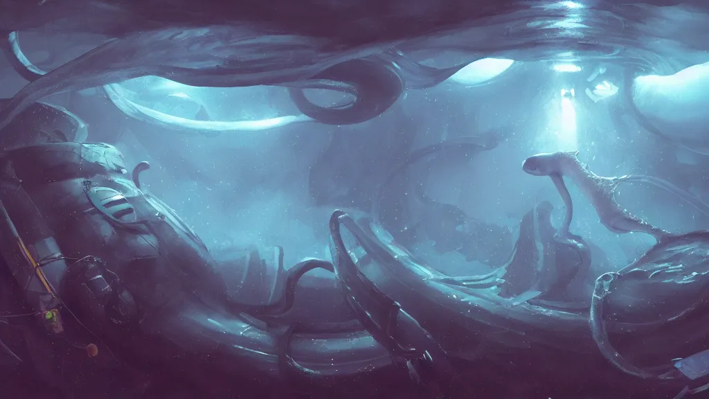 Prompt: a photorealistic hyperrealistic underwater render of a giant squid attacks a deep sea submersible with bright headlights by greg rutkowski, james paick, wlop, nicolas bouvier sparth, stephan martiniere, dramatic moody lighting, underwater caustics, volumetric, light rays, cinematic atmosphere, octane render, artstation, 8 k