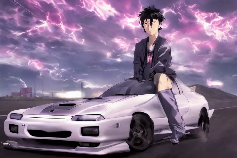 Image similar to aesthetic illustration of ryosuke takahashi with black hair, standing by his white glossy mazda rx 7 on an empty highway at sunrise, cinematic lighting, initial d anime 1 0 8 0 p, detailed anime face, high detail, 9 0 s anime aesthetic, volumetric lights, rule of thirds, unreal engine 5 render, pinterest wallpaper, trending on artstation