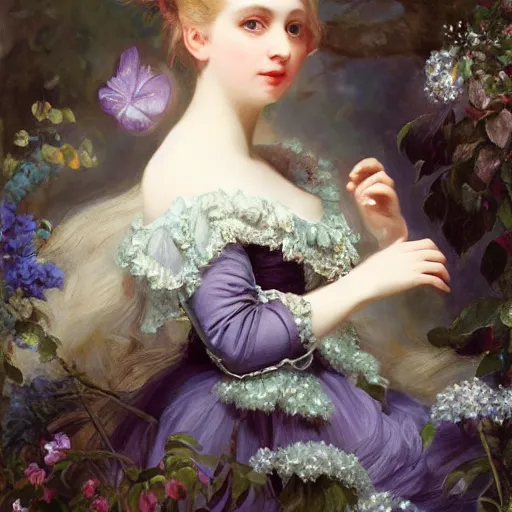 Image similar to Alice in Wonderland,a portrait of a beautiful Silver hair girl,Diamonds Blaze,Rose twining,luxuriant,dreamy, eternity, romantic,highly detailed,in the style of Franz Xaver Winterhalter, highly detailed,night lighting