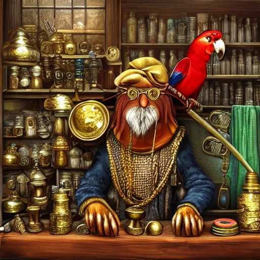 Prompt: Anthropomorphized parrot trader in his shop, selling his wares, portrait, items, gold, magic potions, carpet, window, funny hat, sly expression , cunning expression, cute expression, long thick shiny gold beak, presenting wares, holding a gold bag, D&D, fantasy, cinematic lighting, highly detailed, digital painting, artstation, concept art, smooth, sharp focus, illustration, warm light, cozy warm tint, magic the gathering artwork, volumetric lighting, 8k, art by Akihiko Yoshida, Greg Rutkowski