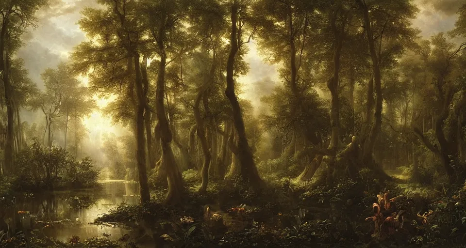 Image similar to A dense and dark enchanted forest with a swamp, by Guillaume Seignac