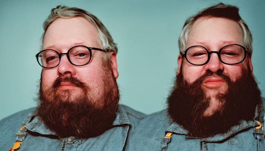 Image similar to far view, extremely fat obese mitch mcconnell with long beard, wearing dirty overalls, dirty greasy face, grin, portrait, close up, kodak gold 2 0 0, 5 0 mm,