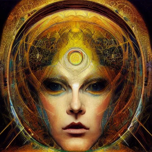 Image similar to a beautiful visionary portrait of Divine Chaos Engine by Karol Bak, Jean Deville, Gustav Klimt, and Vincent Van Gogh, sacred geometry, mystic, otherworldly, fractal structures, ornate gilded medieval icon, third eye, spirals