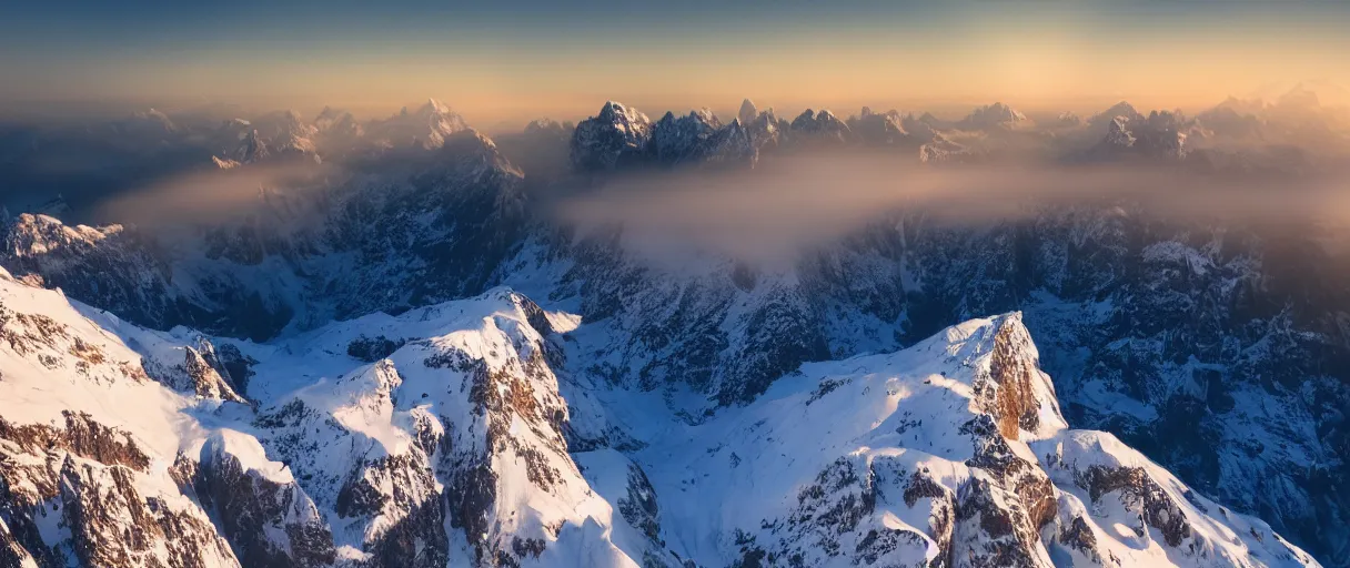 Prompt: a photorealistic breathtaking view of the eastern snow covered alps mountain range at sunrise, cliffs, volumetric light, haze, fog, snow, hyperrealism, rock edge, highly detailed, intricate, cinematic, front facing camera, cinematic, epic lighting, 8 k