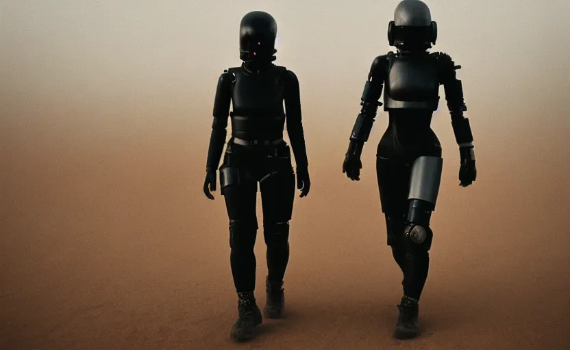 Image similar to cinestill 5 0 d candid photographic portrait by helen levitt of two loving female androids wearing rugged black mesh techwear on a desolate plain, extreme closeup, modern cyberpunk moody emotional cinematic, dust storm, 8 k, hd, high resolution, 3 5 mm, f / 3 2, ultra realistic faces, ex machina