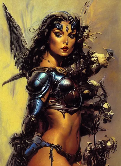 Image similar to portrait of female chaos angel, beautiful! coherent! by frank frazetta, by brom, strong line, deep color, armor, volumetric hair, high contrast