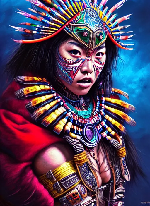 Image similar to portrait of karen fukuhara, hyper detailed ultra sharp aztec shaman warrior. trending on artstation, warpaint aesthetic, bloodwave, colorful, psychedelic, ornate, intricate, digital painting, concept art, smooth, sharp focus, illustration, art by artgerm and greg rutkowski and h. r. giger, 8 k