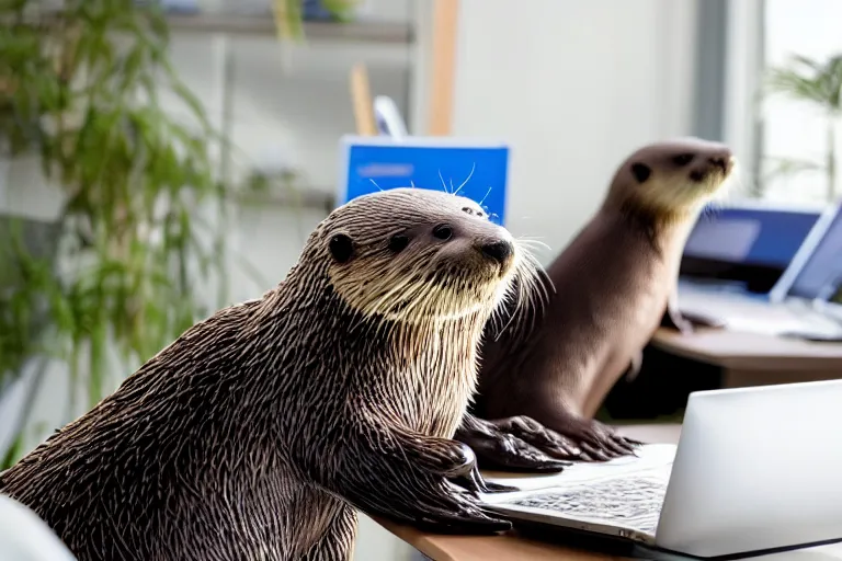 Prompt: three otters are working in coworking modern office