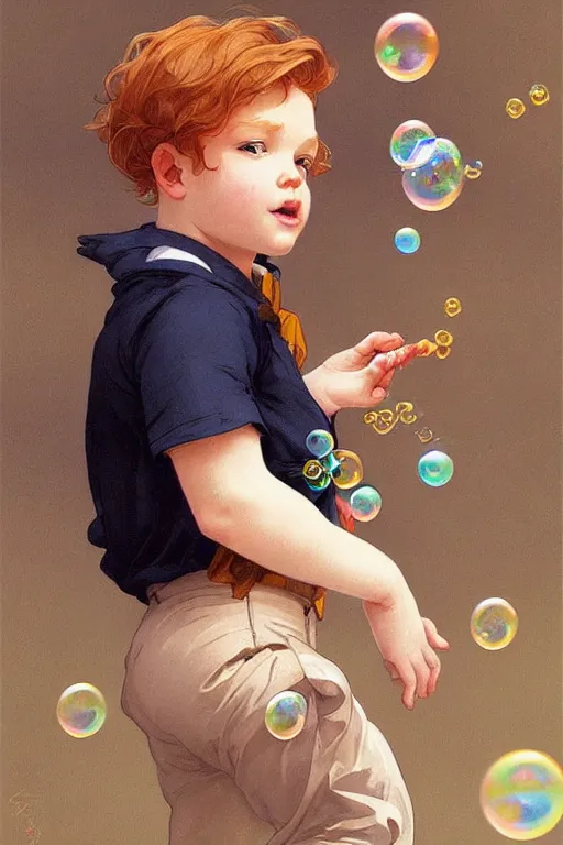 Prompt: a little boy with ginger hair chasing bubbles. clean elegant simple illustration, beautiful detailed face. by artgerm and greg rutkowski and alphonse mucha