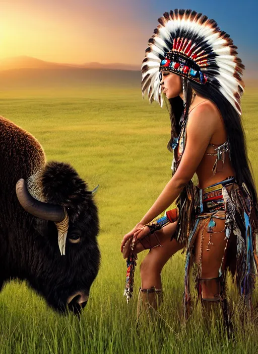 Image similar to hyper detailed photo of an American Indian warrior princess wearing a headdress, in a field with a bison at sunset, long black hair, maximalist, hd, 8k, muted colors,