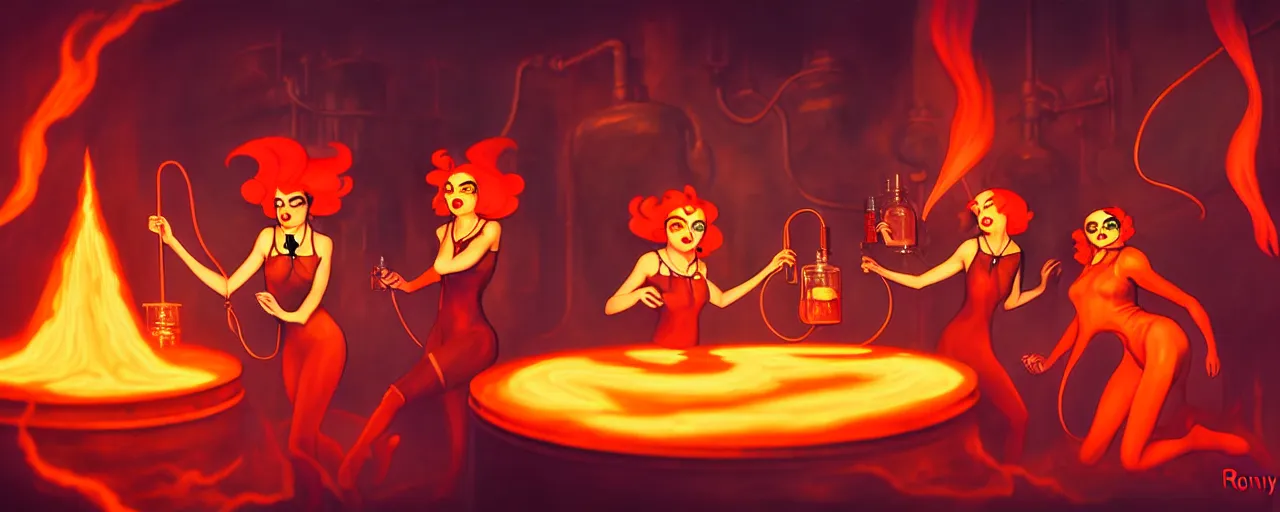 Image similar to uncanny alchemist catgirls in a fiery alchemical lab, dramatic lighting, surreal 1 9 3 0 s fleischer cartoon characters, surreal painting by ronny khalil