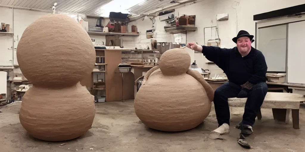 Image similar to johnny vegas sitting making a very large clay teapot, art school, studio, wet clay, ceramics, photorealistic