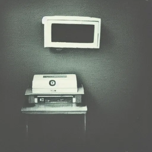 Prompt: small dark concrete room with a tv on the ground, the tv has a pair of eyes on a dark background, creepy, eerie, old polaroid, expired film,