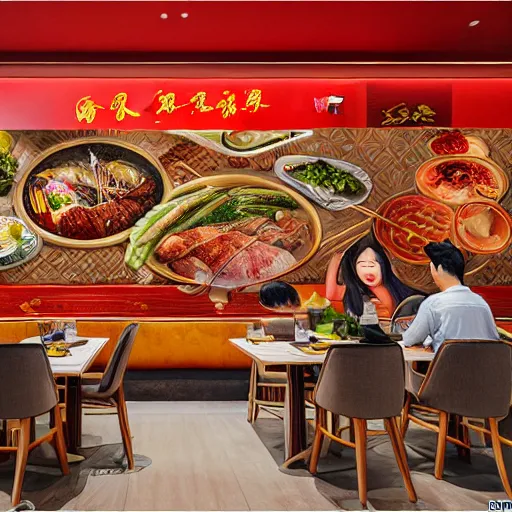 Prompt: a beautiful hyperdetailed interior 4 k hd wallpaper illustration of roasted string hotpot restaurant restaurant yan'an, wall painting, from china, with merchant logo, people are eating kebabs, fine delicate structure, surrealistic, chinese style, victo ngai