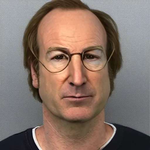 Prompt: mugshot of bob odenkirk as saul goodman, stressed out, sweating, with short mustache and glasses, wearing orange prison jumpsuit