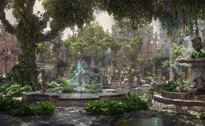 Image similar to A beautiful garden, next to a fountain and a mystical palace, hyperrealistic mixed media, stunning 3d render inspired art by P. Craig Russell and Barry Windsor-Smith + perfect facial symmetry + dim volumetric lighting, 8k octane beautifully detailed render, post-processing, extremely hyperdetailed, intricate futuristic mechanic parts, epic composition, grim yet sparkling atmosphere, cinematic lighting + masterpiece, trending on artstation