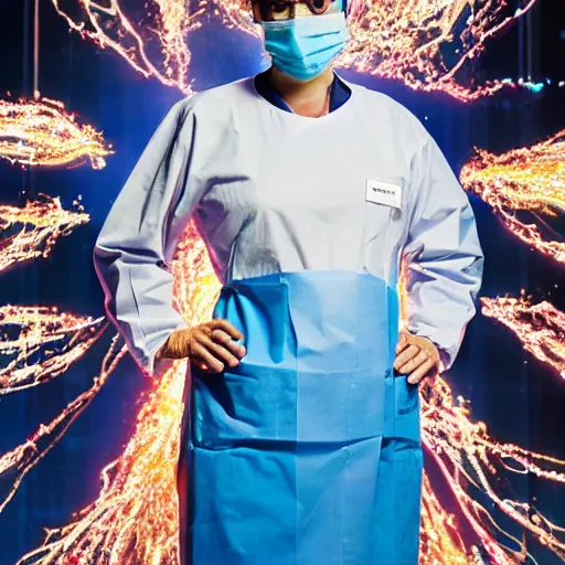 Prompt: A high resolution photograph of a surgeon standing in an operating room, surrounded by new technology and glitter, infused with lightning, very aesthetic, surgical gown and scrubs on, full length, exquisite detail, post-processing, masterpiece, cinematic, 8k, magazine cover