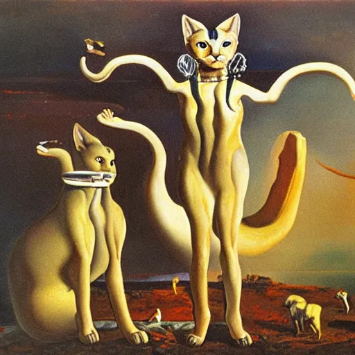 Image similar to dali oil painting of bastet with multiple arms, over a sea of sulphur