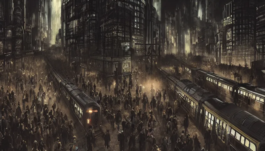 Image similar to neo - gothic gotham city crowded train station with trains, outside, night, hyperdetailed, artstation, cgsociety, 8 k