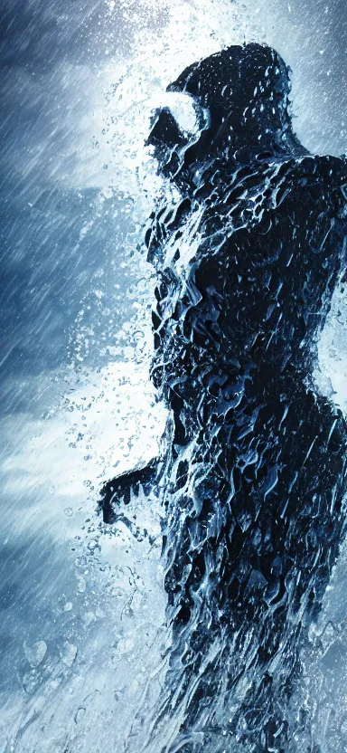 Prompt: suit of armor, made of liquid, made of water, rising up from ocean, water armor, norway fjord, medium close up portrait, studio lighting, stormy seas, beautiful, bokeh, snowy, storm clouds, god rays, d & d, fantasy, elegant, low key color palette, concept art, roger deakins and greg rutkowski and alphonse mucha