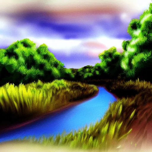 Image similar to digital art painting of a river running through the plains, very mediocre, not detailed at all.