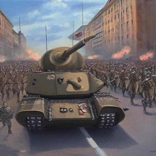 Prompt: army of the european union with tanks fighting on the streets of budapest 2 0 2 2, highly detailed oil painting