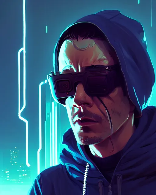 Prompt: cyberpunk synth, hyper - realistic detailed portrait of a man in a hoodie, digital painting, by artgem, by atey ghailan, by greg rutkowski, by greg tocchini, by james gilleard, by joe fenton, by kaethe butcher, sharp focus